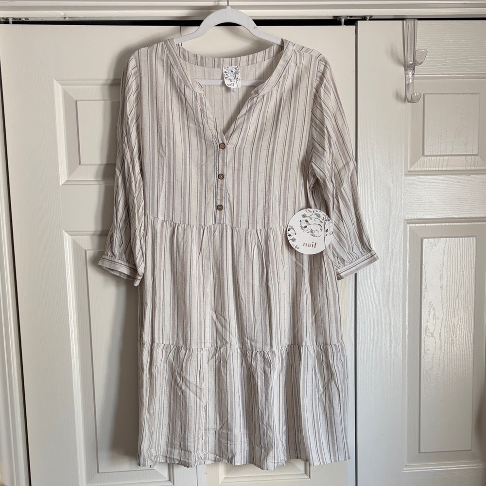 NAIF Cream and Light Taupe Striped Midi Dress